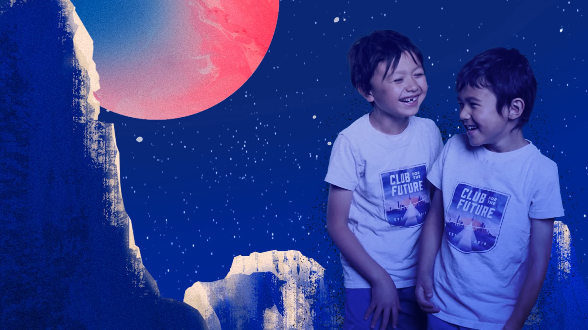 Two young kids laugh together, wearing 'Club for the Future' T-shirts