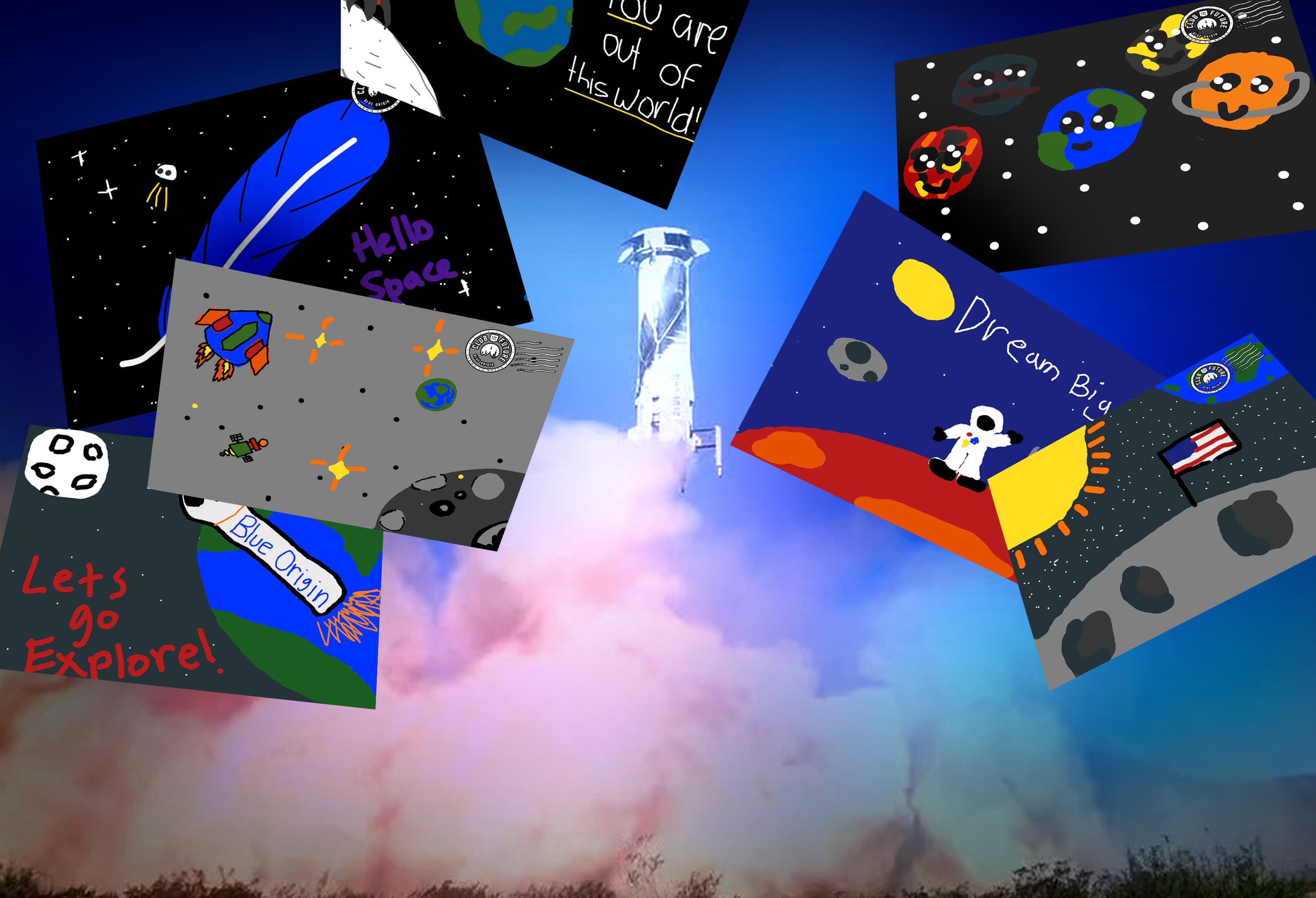 A collage of digital postcards with space-related drawings over an image of New Shepard launching to space