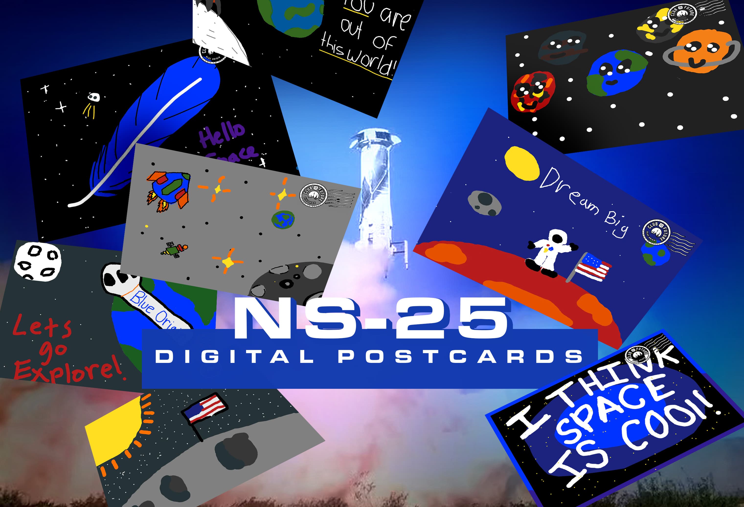 A selection of digital postcards with space-related drawings